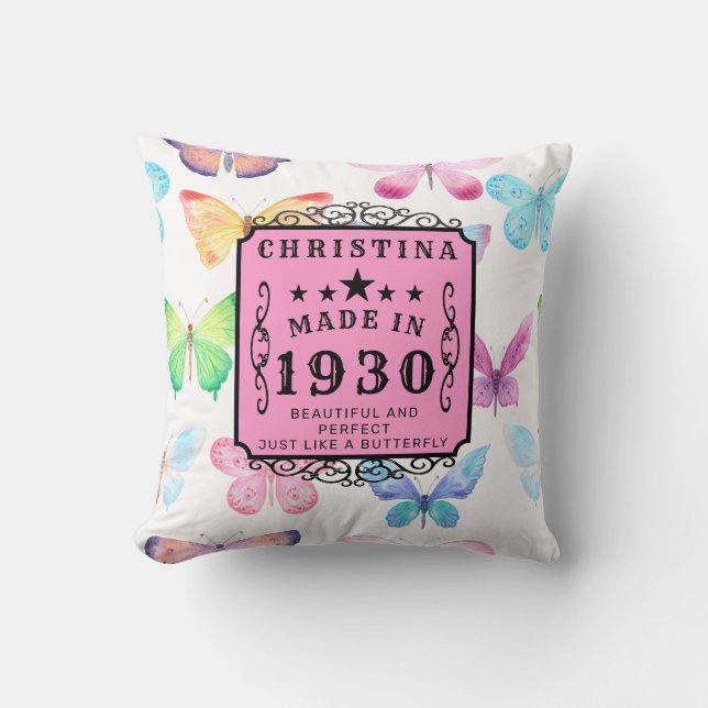 Personalized Birthday 1930 Butterfly Add Name Pink Throw Pillow (Front)