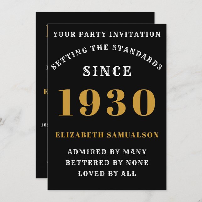 Personalized Birthday 1930 Chic Black Gold White  Invitation (Front/Back)