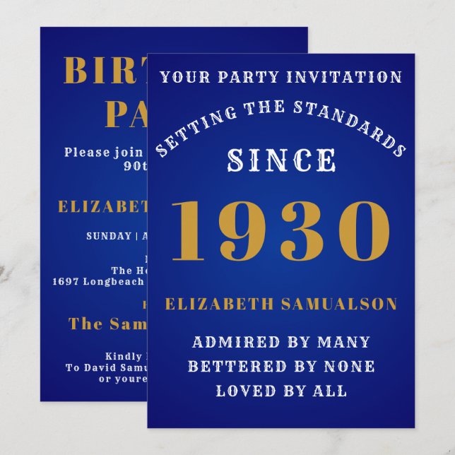Personalized Birthday 1930 Elegant Blue Gold White Invitation (Front/Back)