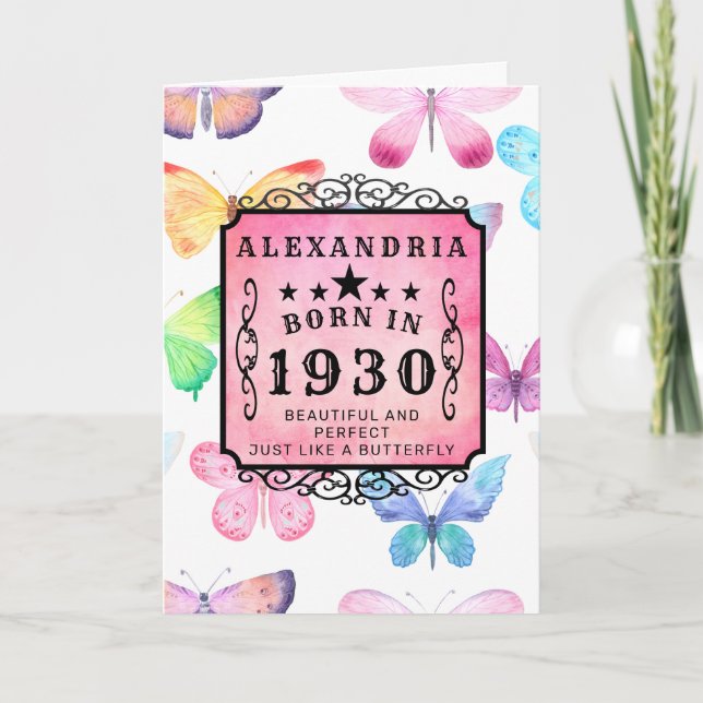 Personalized Birthday 1930 Watercolor Butterfly Card (Front)