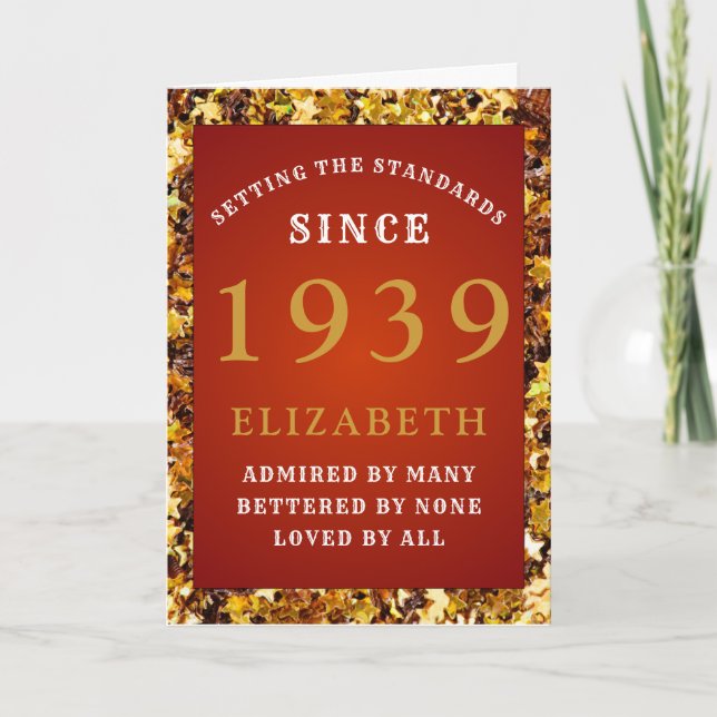 Personalized Birthday 1939 Name Red Gold Glitter  Card (Front)
