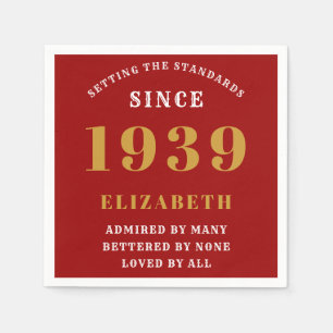 Personalized Birthday 1939 Red Gold Surprise Party Napkin
