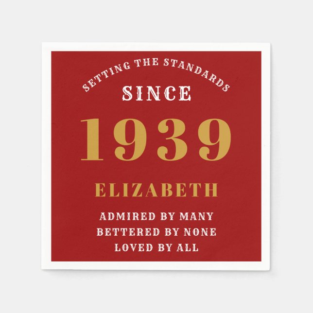 Personalized Birthday 1939 Red Gold Surprise Party Napkin (Front)