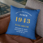 Personalized Birthday 1943 Add Your Name Blue Gold Throw Pillow<br><div class="desc">Add a personal touch to your 80th birthday celebration with this stylish and unique personalized throw pillow. The vibrant blue and gold colors and unique design bring a special charm to any room. Customize it with your name to make it extra special. This pillow is perfect for anyone turning 80...</div>