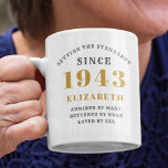 Personalized Birthday 1943 Add Your Name Elegant Coffee Mug<br><div class="desc">Celebrate an 80th birthday in style with this Personalized 80th Birthday 1943 Add Your Name Elegant Coffee Mug. This custom design features a chic gold and grey colour palette, an elegant 1943 design, and space for you to add your name. Sip your favourite hot beverage in style and commemorate this...</div>