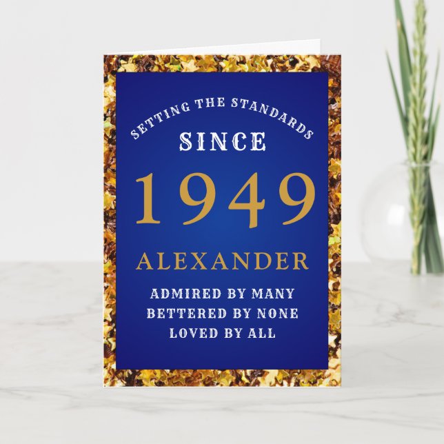 Personalized Birthday 1949 Chic Blue Gold Glitter Card (Front)
