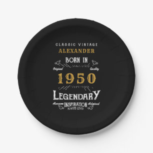 Personalized Birthday 1950 Black Gold Legendary Paper Plate