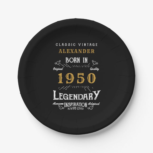 Personalized Birthday 1950 Black Gold Legendary Paper Plate (Front)