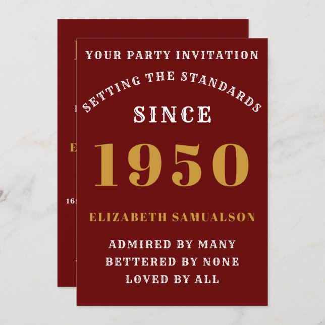 Personalized Birthday 1950  Elegant Chic Red Gold Invitation (Front/Back)