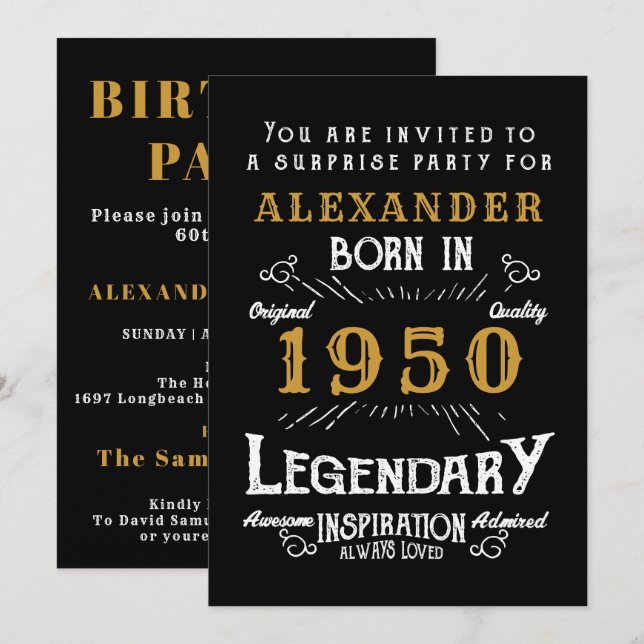 Personalized Birthday 1950Black Gold Retro Legend Invitation (Front/Back)