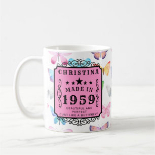 Personalized Birthday 1959 Butterflies Pink Cute  Coffee Mug