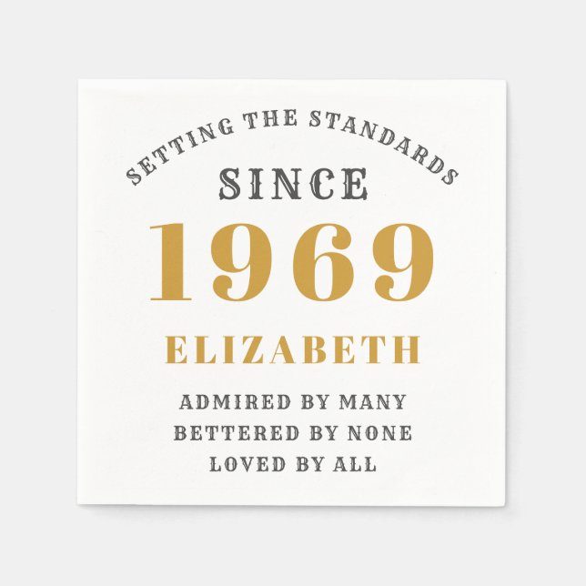 Personalized Birthday 1969 Add Your Name Gold Grey Napkin (Front)