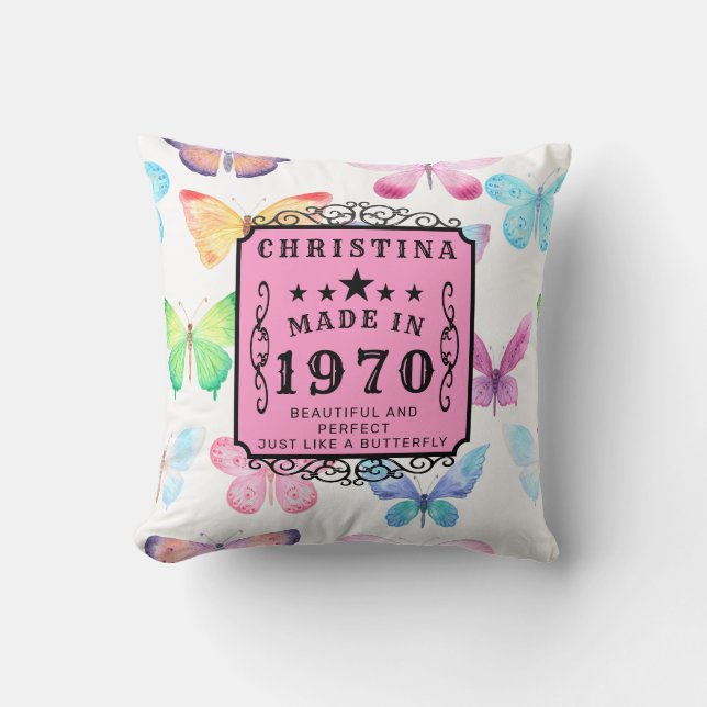 Personalized Birthday 1970 Butterfly Add Your Name Throw Pillow (Front)