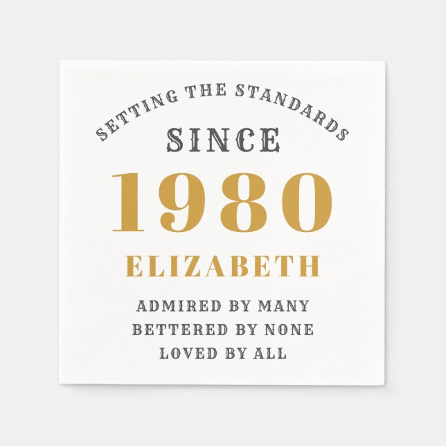 Personalized Birthday 1980 Easy To Edit Gold Grey Napkin (Front)
