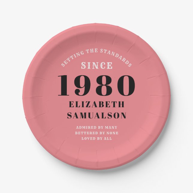 Personalized Birthday 1980 Pink Setting Standards Paper Plate (Front)