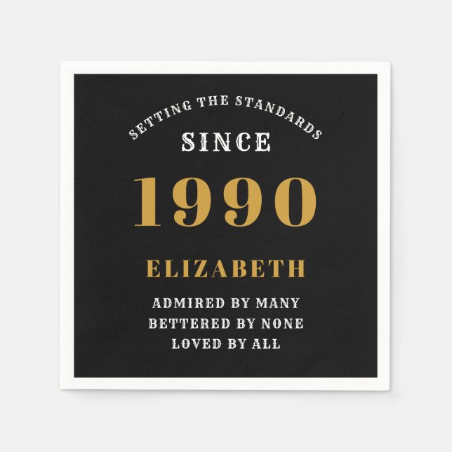 Personalized Birthday 1990 Add Your Name Black Napkin (Front)