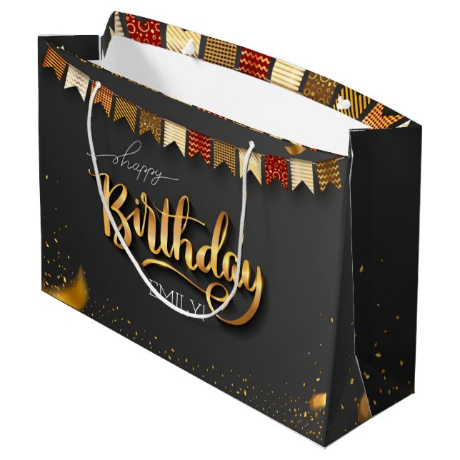 Personalized Birthday Black and gold Stripes Large Gift Bag (Back Angled)