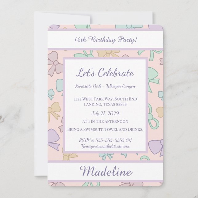 Personalized Birthday Bow Pastel Sweet Invitation (Devant)