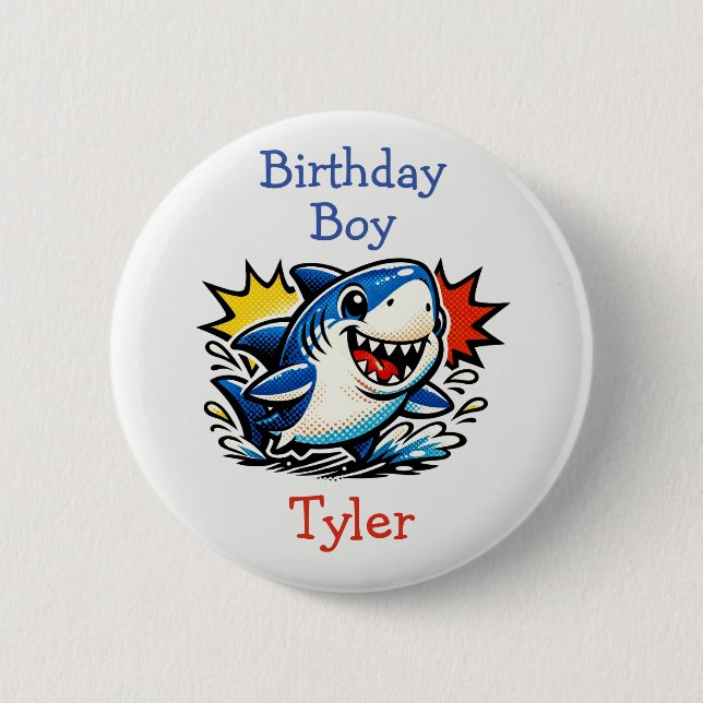 Personalized Birthday Boy Pop Art Shark 2 Inch Round Button (Front)