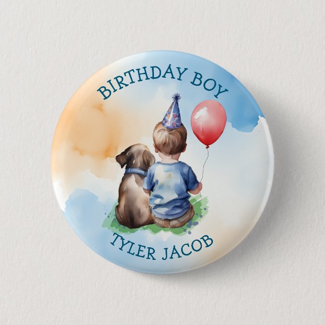 Personalized Birthday Boy | Puppy and Baby 2 Inch Round Button (Front)