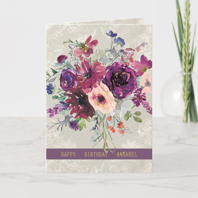Personalized Birthday burgundy & peach roses  Card (Front)