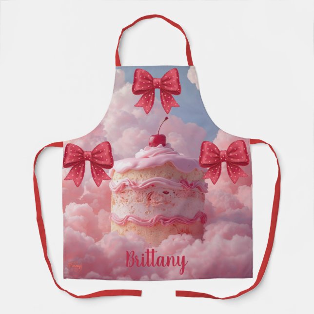 Personalized Birthday Cake Pink Heart Bow Coquette Apron (Front)