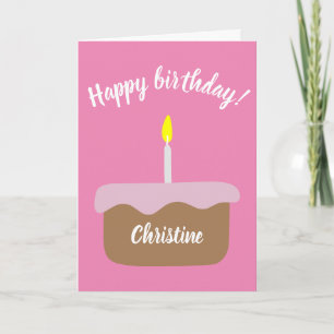 Personalized Birthday Cake w/ Lit Candle Pink Card