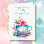 Personalized Birthday Card for a Good Friend<br><div class="desc">Friend's birthday card. Graphics of a watercolor illustration of a pretty turquoise and teal vintage tea or coffee cup full or pink and orange flowers.</div>