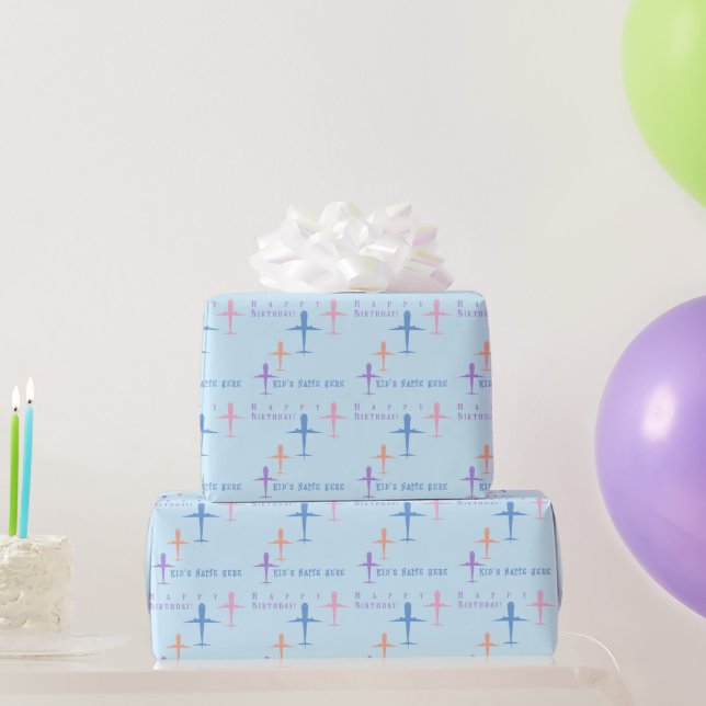 Personalized Birthday Colourful Airplanes Sky Blue Wrapping Paper (Party Gifts)