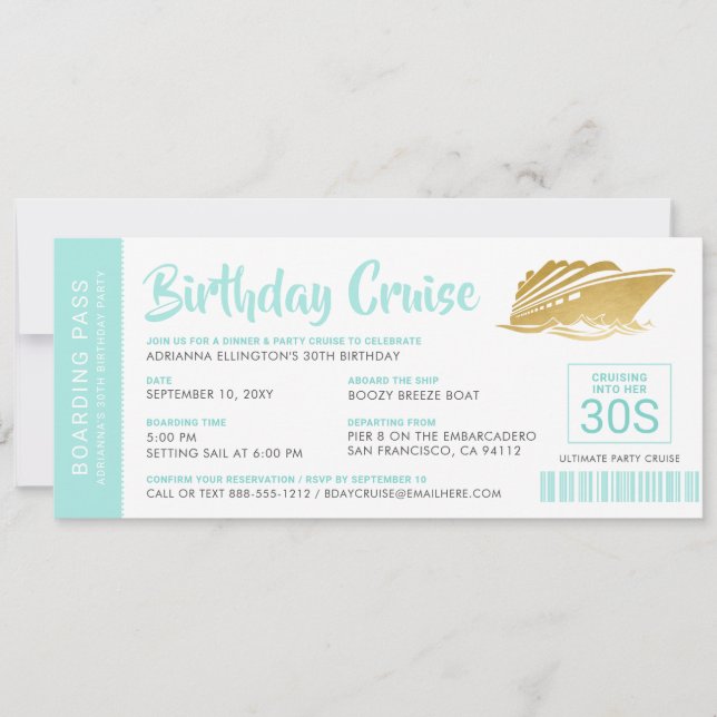 Personalized Birthday Cruise Boarding Pass Teal (Front)