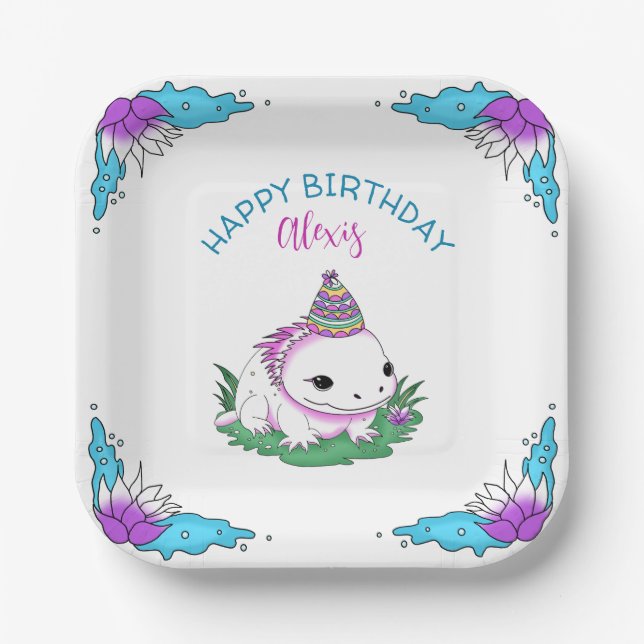 Personalized Birthday Girl Axolotl Themed Paper Plate (Front)