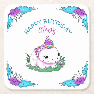 Personalized Birthday Girl Axolotl Themed Square Paper Coaster
