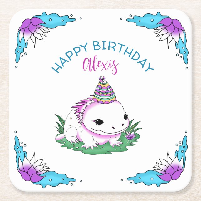 Personalized Birthday Girl Axolotl Themed Square Paper Coaster (Front)