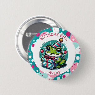 Personalized Birthday Girl   Frog Themed   2 Inch Round Button