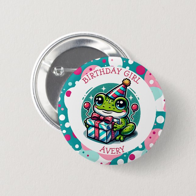 Personalized Birthday Girl | Frog Themed   2 Inch Round Button (Front & Back)