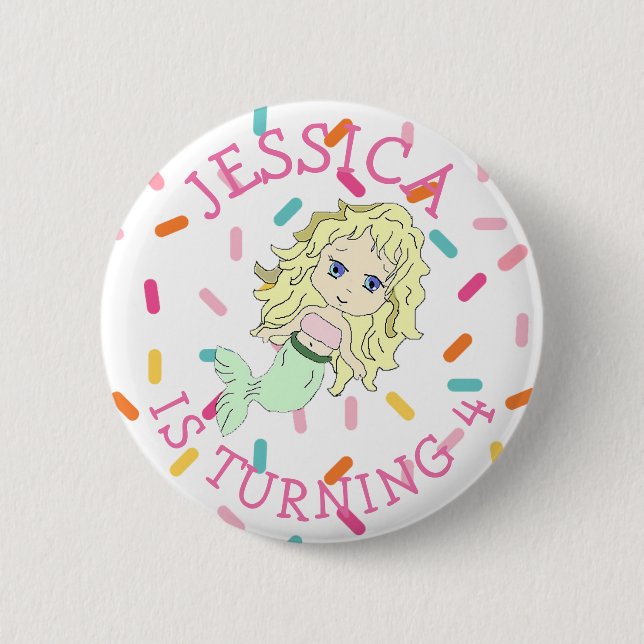Personalized Birthday girl Pink Mermaid Button (Front)