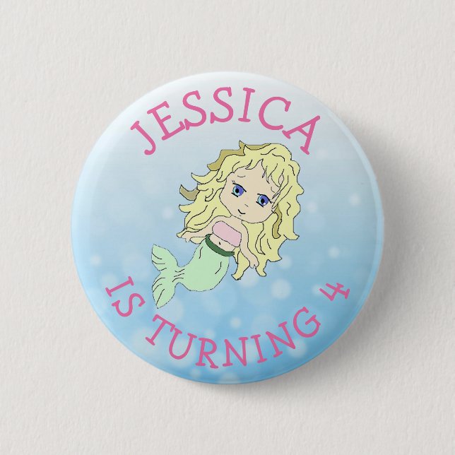 Personalized Birthday girl Pink Mermaid Button (Front)