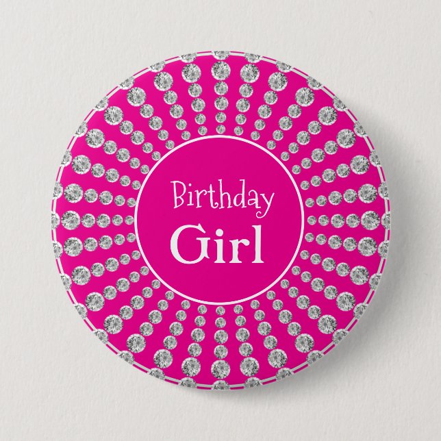 Personalized Birthday Girl Pink with Bling Party 3 Inch Round Button (Front)