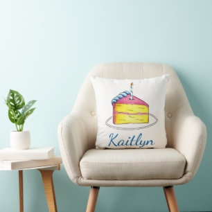 Personalized Birthday Girl Pink Yellow Cake Slice Throw Pillow