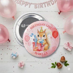 Personalized Birthday Girl's Squirrel Pink and Red 2 Inch Round Button