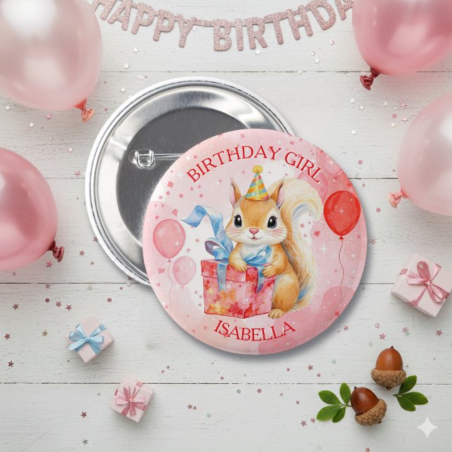 Personalized Birthday Girl's Squirrel Pink and Red 2 Inch Round Button (Creator Uploaded)