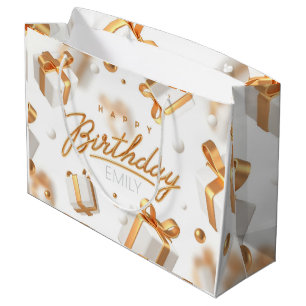 Personalized Birthday gold and white Stripes Large Gift Bag