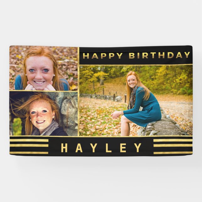 Personalized Birthday Gold Black Stripes Photo Banner (Horizontal)