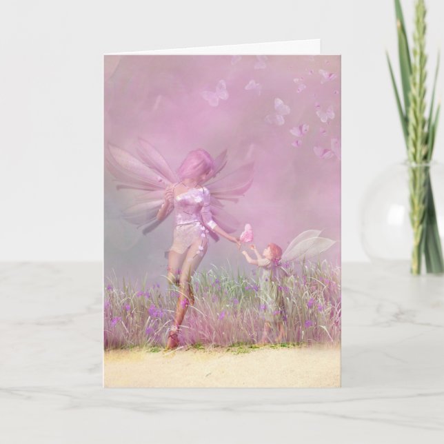 Personalized Birthday Modern Girly Pink Fairies Holiday Card (Front)
