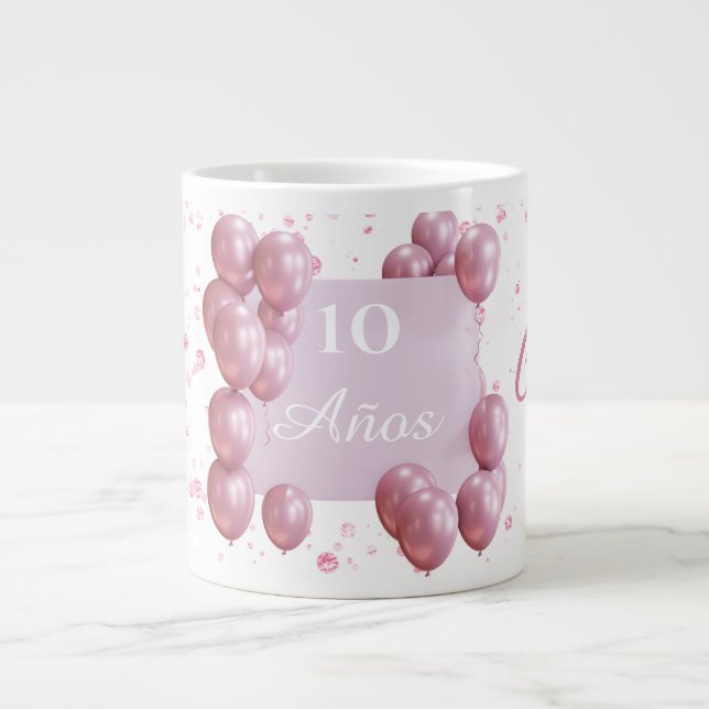 Personalized birthday mug, pink balloons large coffee mug (Front)
