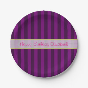 Personalized Birthday on a Purple Striped Pattern Paper Plate