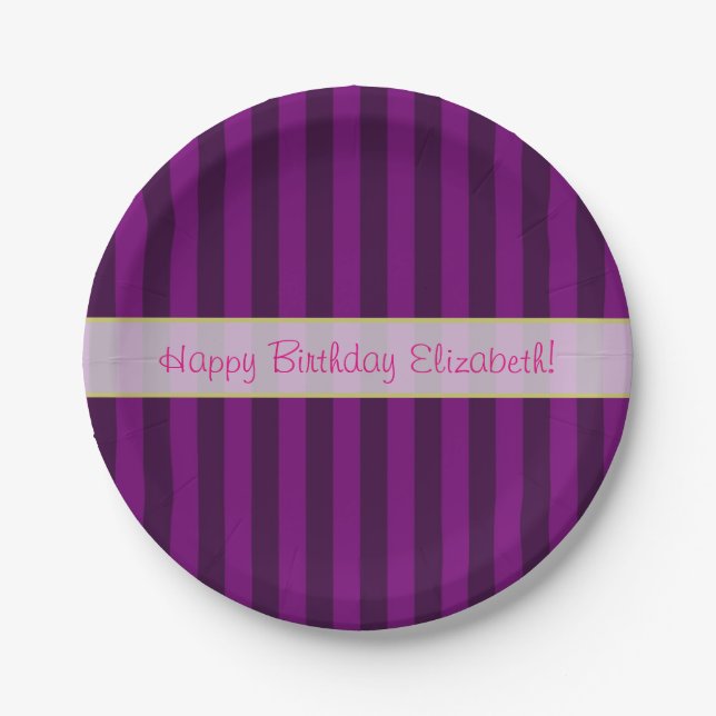 Personalized Birthday on a Purple Striped Pattern Paper Plate (Front)