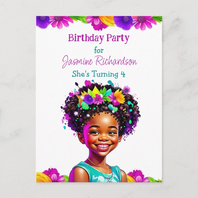 Personalized Birthday Party African-American Girl Invitation Postcard (Front)