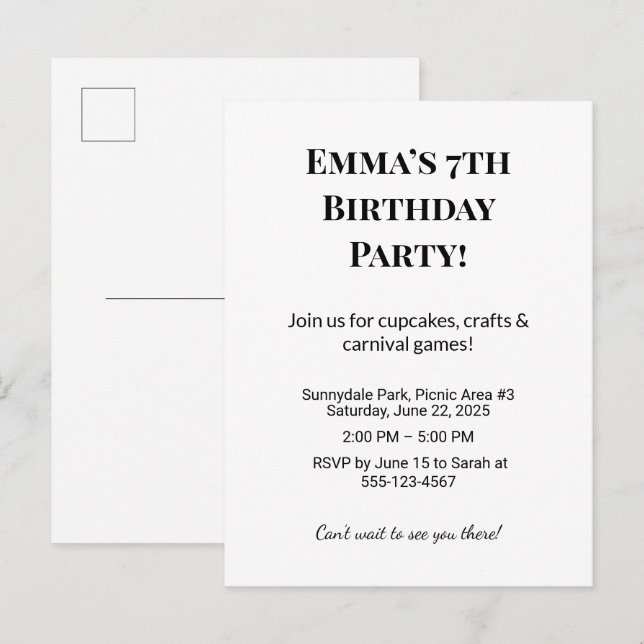 Personalized Birthday Party Announcement Postcards (Front/Back)