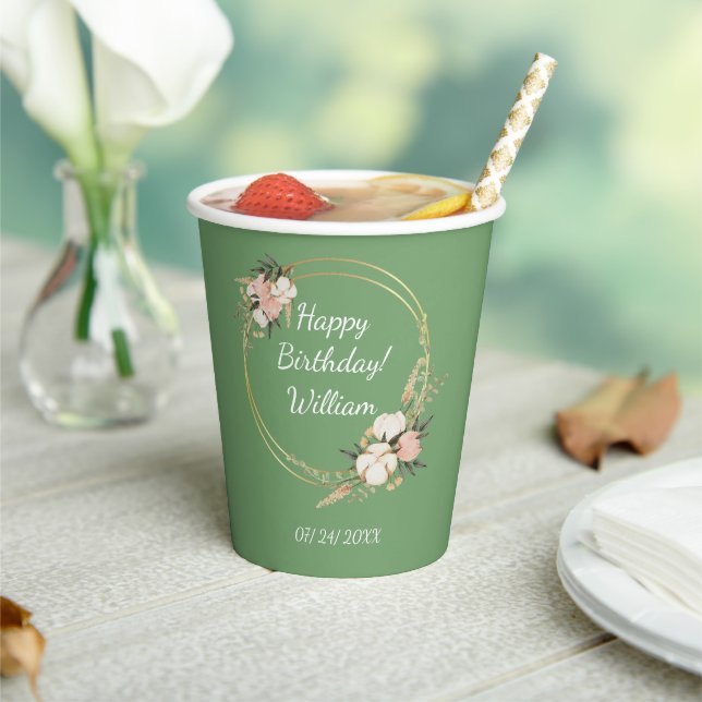 Personalized Birthday Party Floral Spray Green   Paper Cups (Insitu)